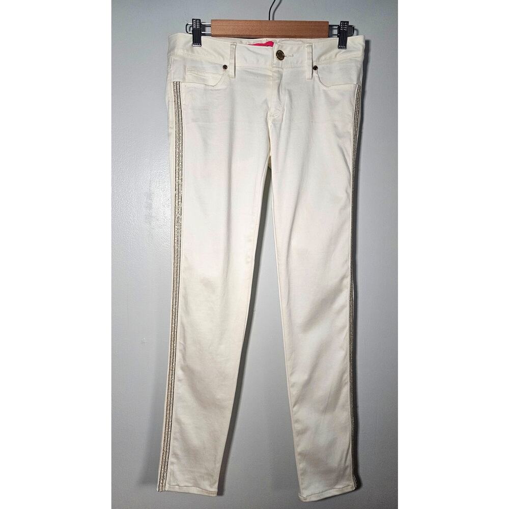 Lilly Pulitzer White Pants Jeans Gold Stud Trim. L emblem on back pocket, Sz 2